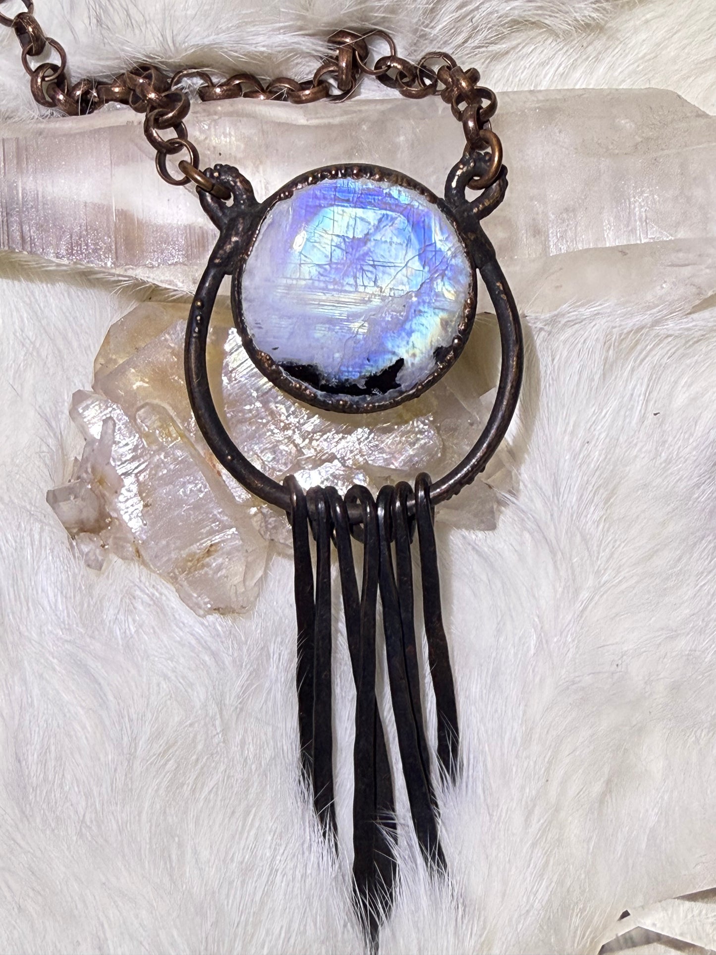 Rainbow Moonstone Crescent Moon Pendant