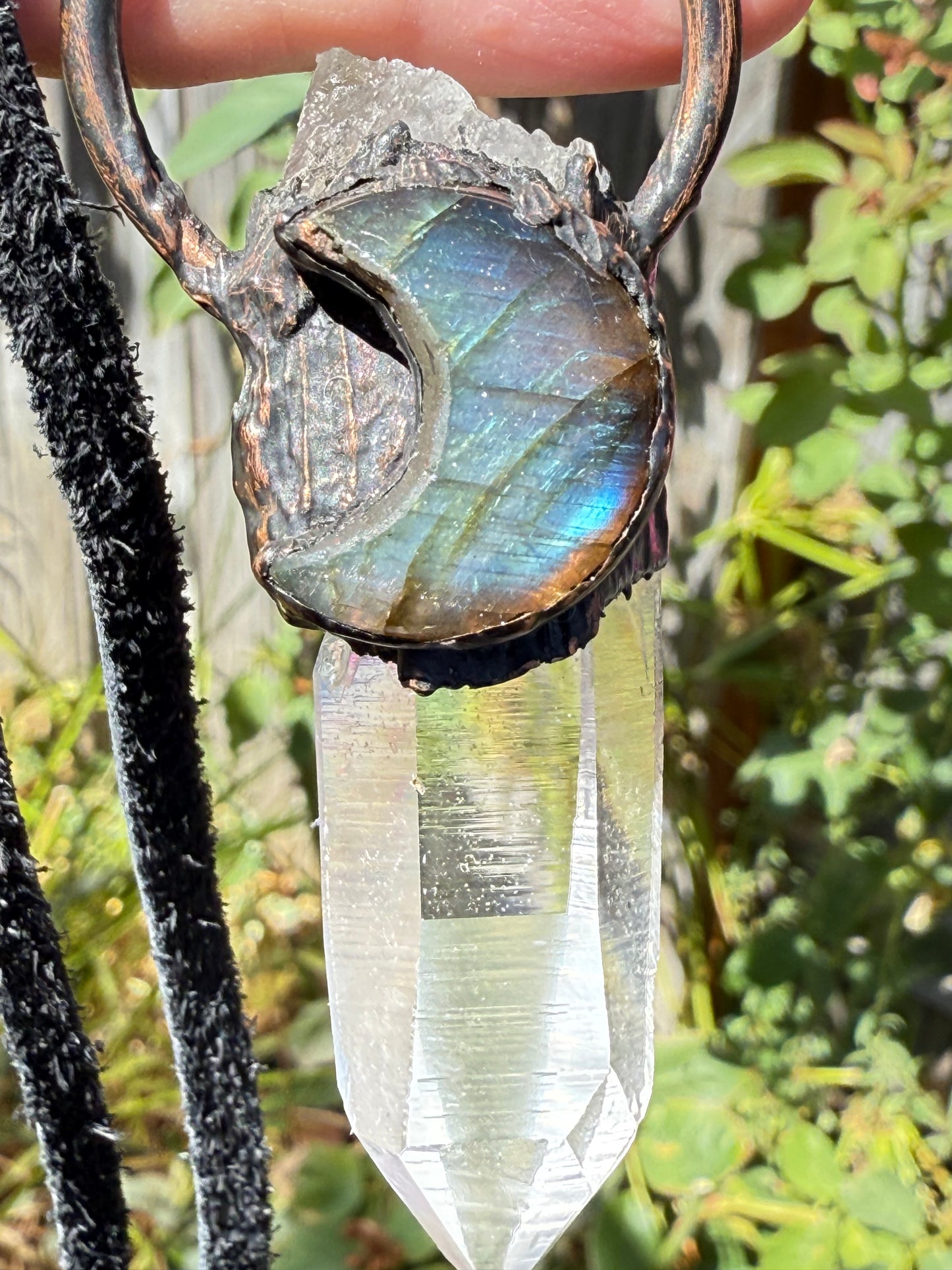 Lemurian Quartz w/ Labradorite Crescent Moon