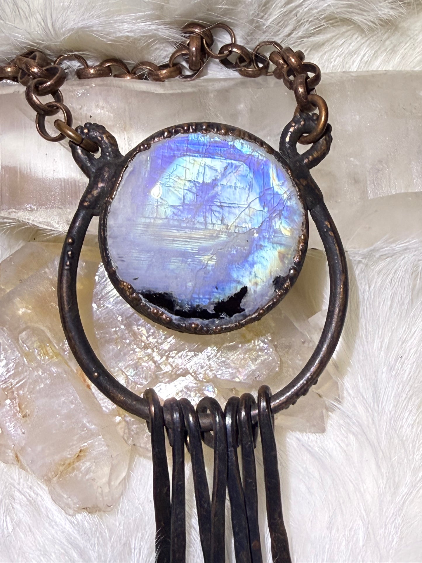 Rainbow Moonstone Crescent Moon Pendant