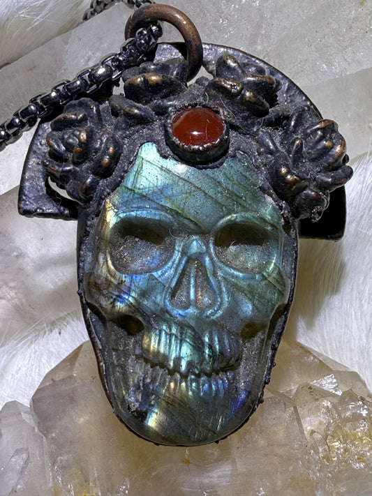 Labradorite Skull with Rose Crown